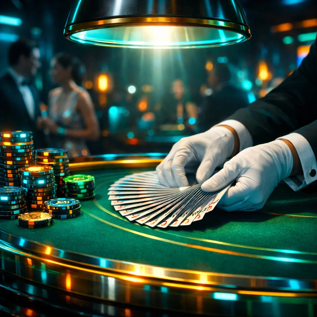 Waaier van speelkaarten op een holografische casinotafel